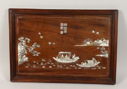 A CHINESE RECTANGULAR ROSEWOOD PANEL inlaid with mother of pearl boat, mountains, birds and