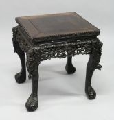 A 19TH CENTURY CHINESE ROSEWOOD SQUARE STAND, with pierced and carved apron on carved cabriole legs.