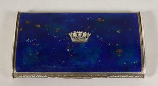 A SILVER AND BLUE ENAMEL BOX with silver coronet, BIEVST LTD., OLD BOND STREET. 3ins x 1.75ins