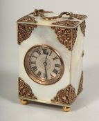 A SUPERB VICTORIAN MOTHER OF PEARL SILVER MOUNTED CARRIAGE CLOCK on four ball feet. 3ins high.