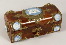 ASPREY - A GOOD VICTORIAN BURR WALNUT DOMED BOX with brass mounts, wedgwood porcelain plaques.