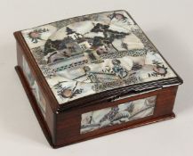 A GOOD CHINESE ROSEWOOD BOX AND COVER with mother of pearl top with buildings and figures. 7.5ins