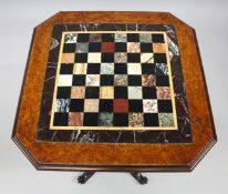 A GOOD 19TH CENTURY FIGURED WALNUT GAMES TABLE, having a square top with clipped corners, inset with