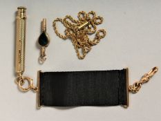 A 9CT GOLD PENCIL, KEY AND CHAIN.