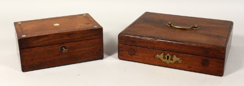 A GEORGIAN MAHOGANY BOX with brass handle, 9.5ins and a rosewood box with mother of pearl, 8ins (