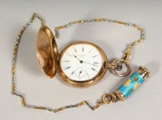 A 14 CT GOLD SWISS POCKET WATCH with engine turned case. H. Hoffman, Geneva, on a long chain.