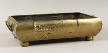 A GOOD CHINESE BRASS TWO HANDLED BONSAI DISH with bamboo decoration. 17ins long.