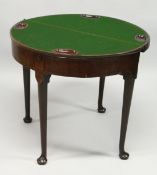 A VERY GOOD GEORGE III MAHOGANY DOUBLE TOP TEA AND CARD TABLE of half moon shape, rising top to