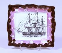 A PINK LUSTRE SAILING SHIP DISH. 7ins x 7.75ins
