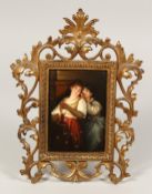 A VERY GOOD 19TH CENTRUY CONTINENTAL PORCELAIN PLAQUE, two young girls with a candle. 5.5ins x 3.