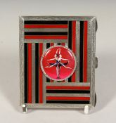 A .925 ENGINE TURNED SILVER AND ENAMEL CIGARETTE CASE, the lid with two dancers.