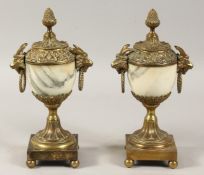A PAIR OF 19TH CENTURY FRENCH BRASS AND VEINED MARBLE CASSOLETTE with reversible sconces. 9ins