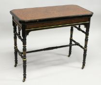 AN AESTHETIC MOVEMENT GILLOW & CO. RECTANGULAR FOLDING AND SWIVEL TOP CARD TABLE, with c legs,