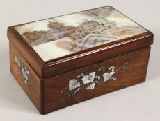 A CHINESE ROSEWOOD BOX AND COVER with mother of pearl top with buildings. 5.25ins long, 3.5ins wide,