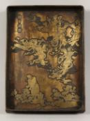 A VERY GOOD CHINESE BRONZE TRAY with gilded figures and calligraphy. 10.5ins x 7.5ins