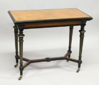 AN AESTHETIC MOVEMENT GILLOW & CO. RECTANGULAR FOLDING SWIVEL TOP CARD TABLE, with amboyna legs,