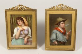 A VERY GOOD PAIR OF 19TH CENTURY CONTINENTAL PORCELAIN PLAQUES, a boy smoking , a young girl with