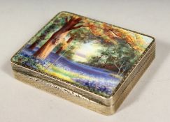 A HEAVY .925 SILVER AND BLUE ENAMEL COMPACT, the top with an enamel woodland scene. 2.5ins x 2ins.