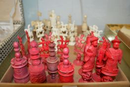 A quantity of chess pieces.