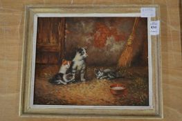Cats in a barn, oil on board.