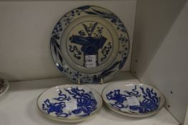 Three Chinese blue and white plates.