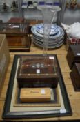 A large glass vase, a rosewood sewing box, dominoes and two prints.