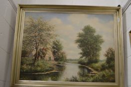 A rural river landscape with buildings, oil on board.