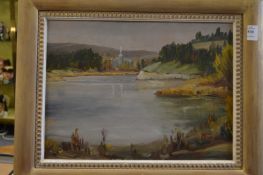 A rural river landscape with a church beyond, oil on canvas.