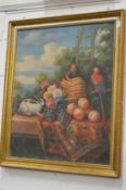 A large colourful still life of a rabbit, fruit, parrot etc. oil on canvas.