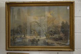 A frozen lake scene with figures, colour print.