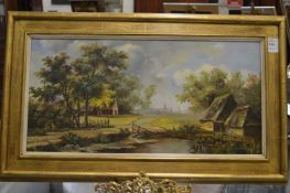 A continental river landscape with cottages, oil on board.