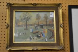 Helen Bradley, Figures in a Park, colour print.