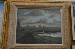 Open Landscape with Windmills, oil on canvas, in a decorative gilt frame.
