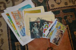 Various unframed prints, postcards etc.