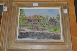 A rural scene with a house and shed by a pond, oil on board.