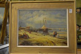 A coastal landscape with figures and ships, oil on canvas.