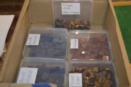 Five boxes of various gem stones to include blue agate, gold stone and tiger's eye.