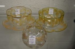 A pair of gilt decorated glass quatrefoil shaped bowls and stands and another bowl.