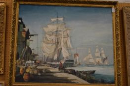 A Dock Scene with Ships, oil on canvas.