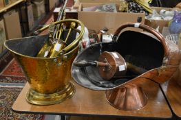 Copper and brass coal buckets etc.