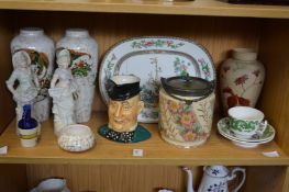 Decorative china to include a character jug, a pair of vases, figurines etc.