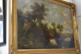19th century English school, a rural river landscape, oil on canvas, inn a decorative gilt frame.