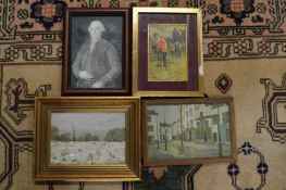 A group of small oil paintings and prints.