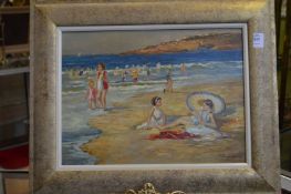 A beach scene with sunbathers, oil on canvas.