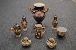 A pair of Crown Derby pepperettes and similar china.
