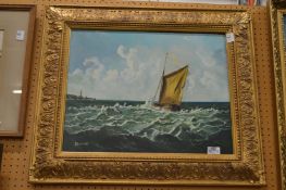 Sailing Barge in a Choppy Sea, oil on canvas, in a decorative gilt frame.