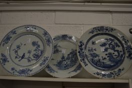 Three large Chinese blue and white porcelain dishes (AF).
