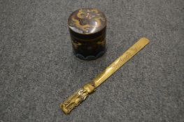 A cloisonne box and cover and a Japanese mixed metal letter opener.