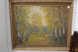 A wooded landscape with a young lady and geese on a path, oil on canvas.