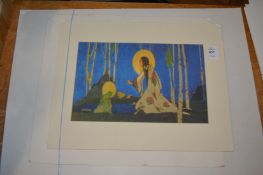 A group of unframed prints.